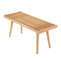 Modern slatted wooden bench with angled legs for contemporary interior design.