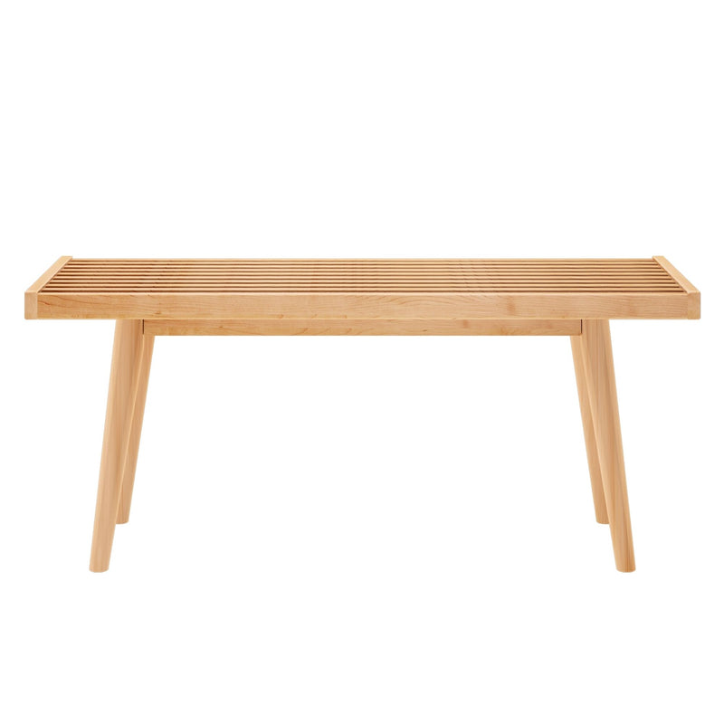 Modern wooden slatted bench with minimalist design and sturdy legs.