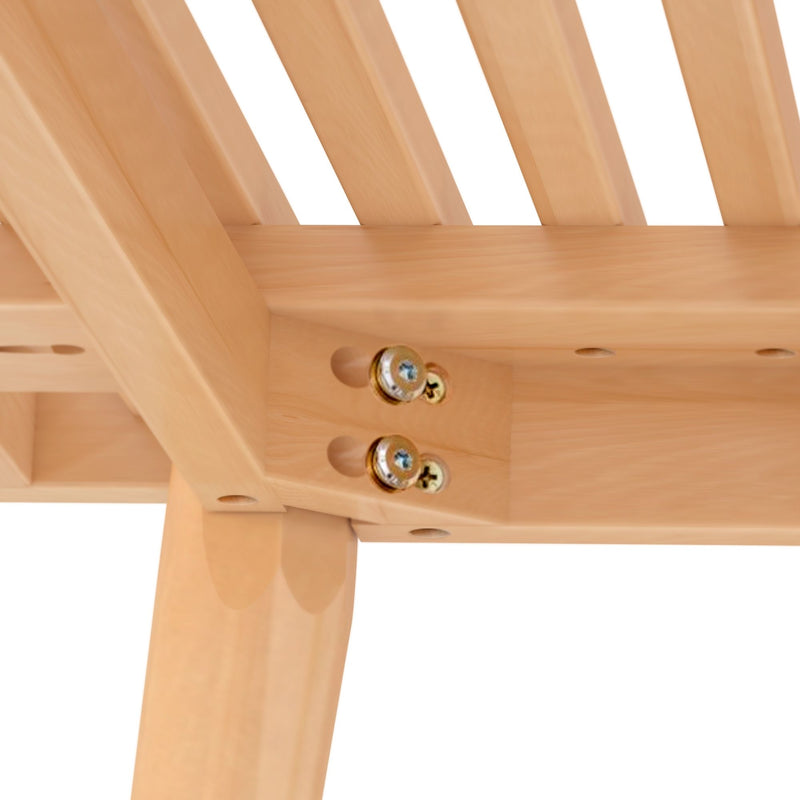Close-up of a wooden bed frame corner with visible screws and slatted design.