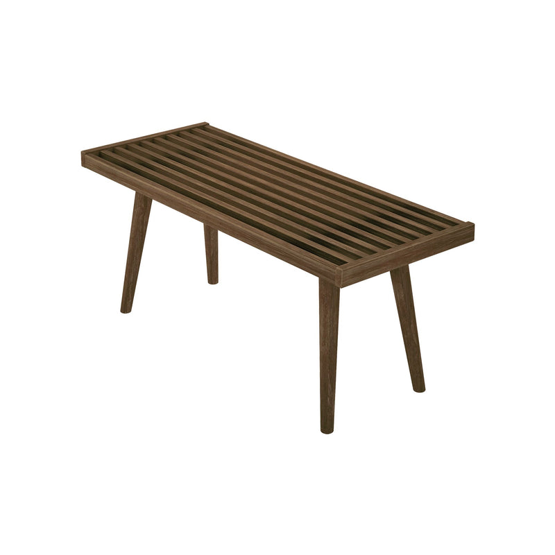 Modern wooden slatted bench with angled legs on a white background.