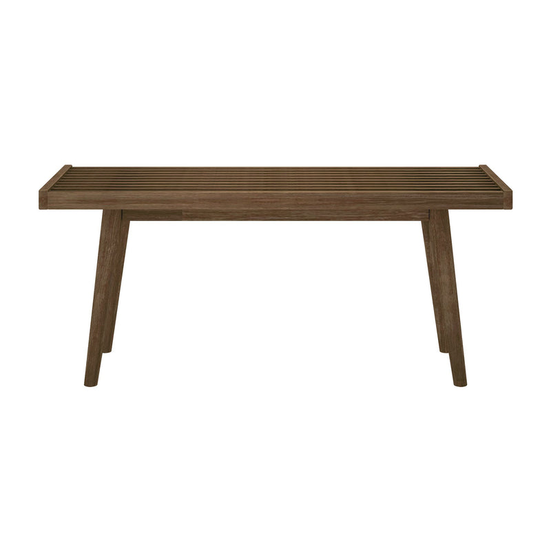 Modern wooden slat bench with minimalist design and angled legs.