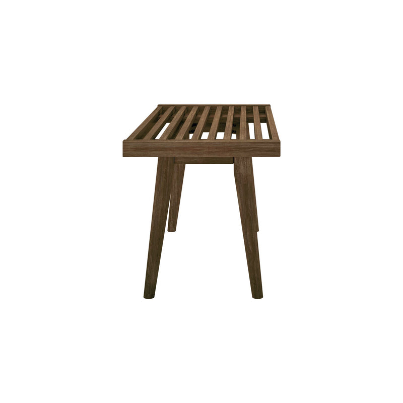 Modern wooden slatted table with angled legs for contemporary interior design.