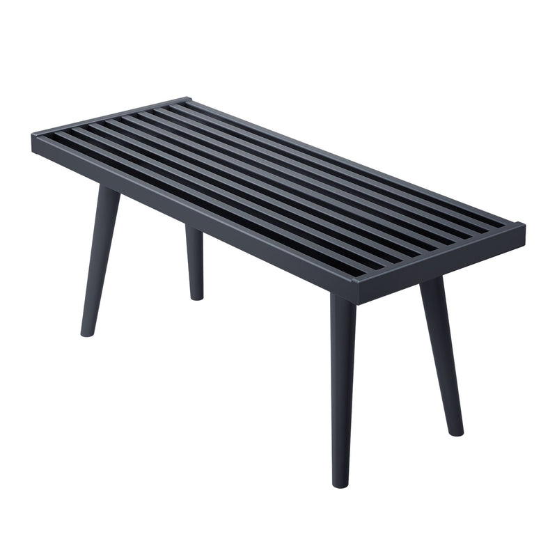 Black slatted bench with minimalist design and four tapered legs.