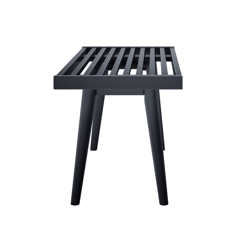Black wooden slatted bench with four sturdy legs, modern design.