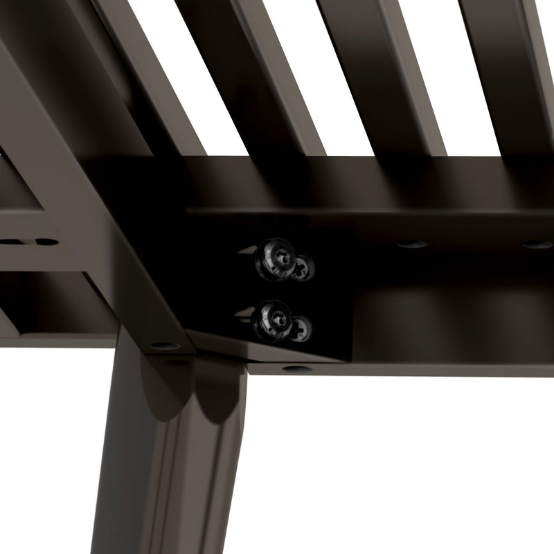 Close-up view of a black metal patio bench screw joint displaying durable construction and sleek design.
