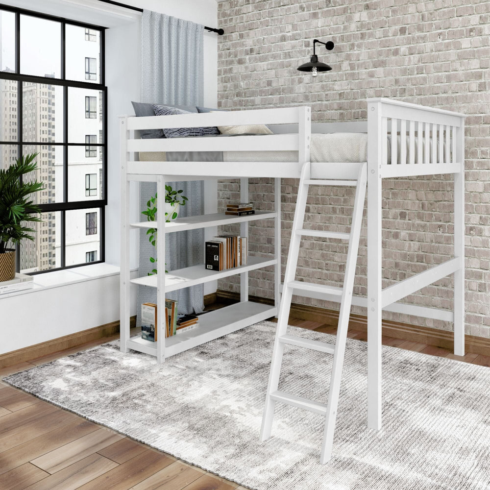 Classic Full-Size High Loft Bed with Bookcase, White Loft Beds Plank+Beam White 