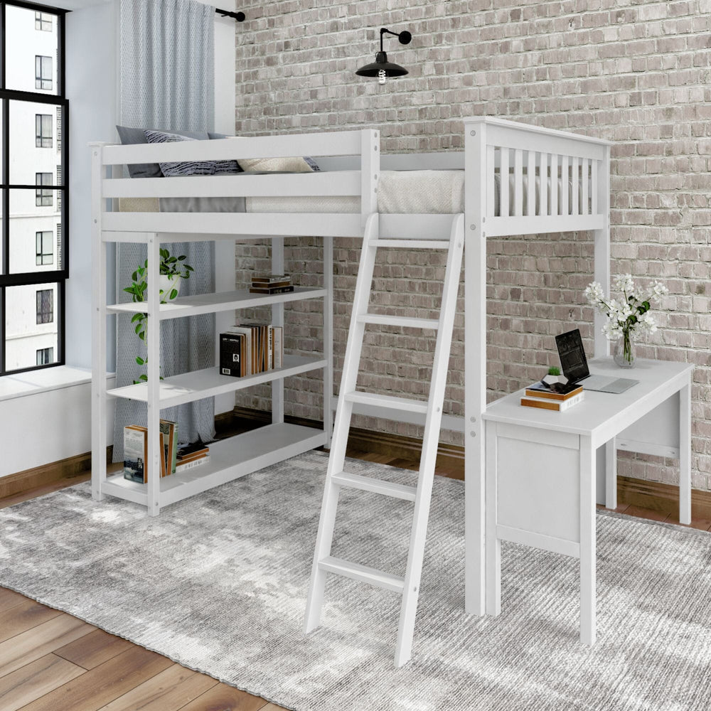 Full-Size High Loft Bed with Bookcase and Desk Loft Beds Plank+Beam White 