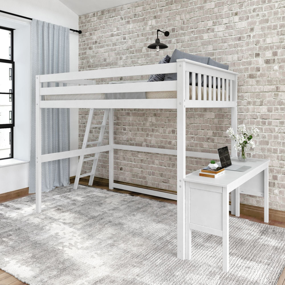 Classic Full-Size High Loft Bed with Ladder on End and Desk, White Loft Beds Plank+Beam White 