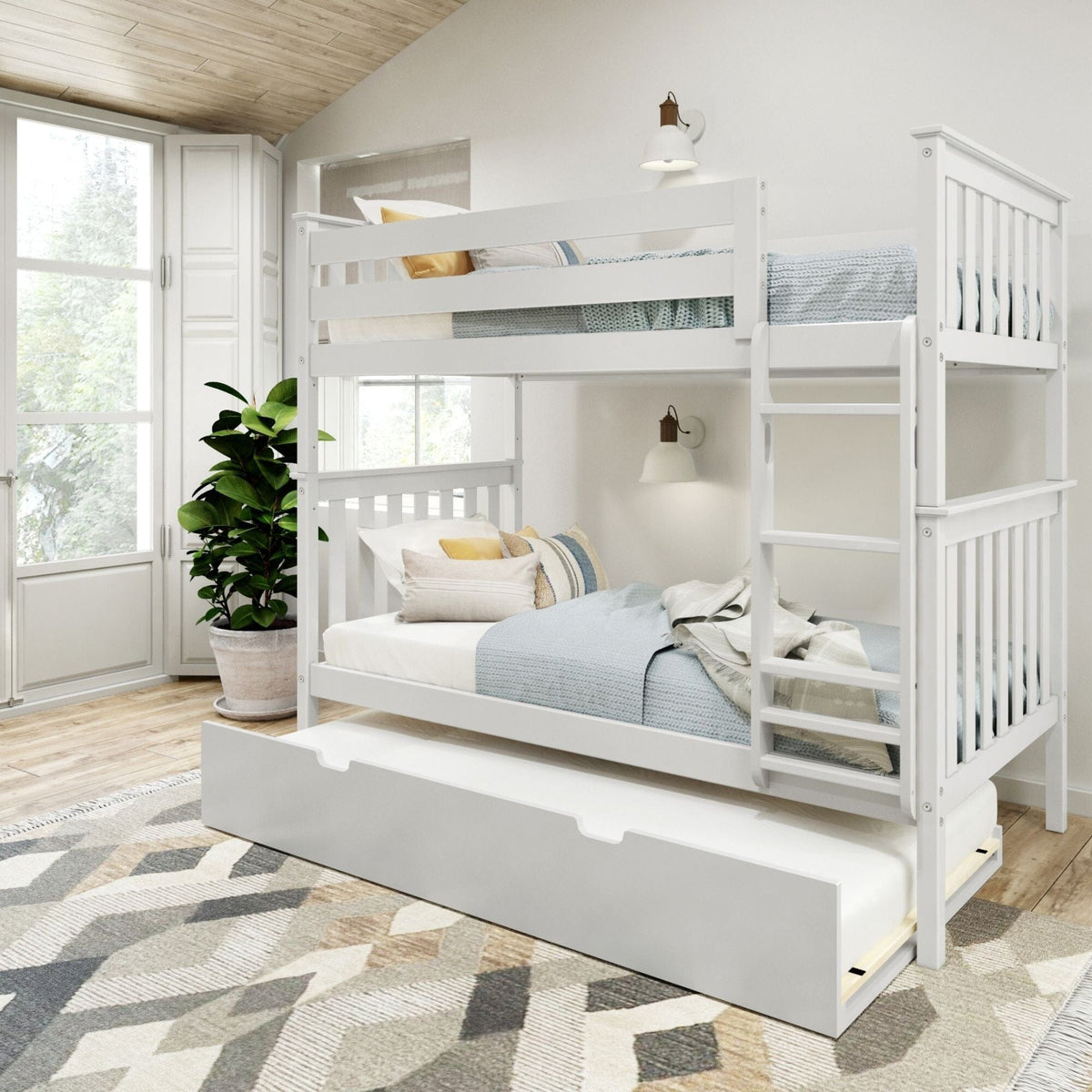 Twin Over Twin Bunk Bed with Trundle Bed Modern Solid Wood Bed Frames ...