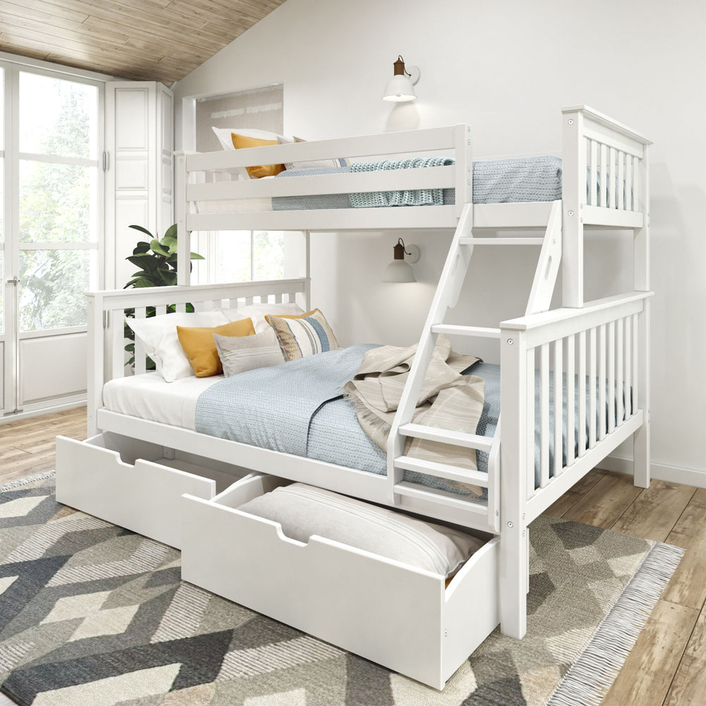 White wooden bunk bed with storage drawers in a modern bedroom.