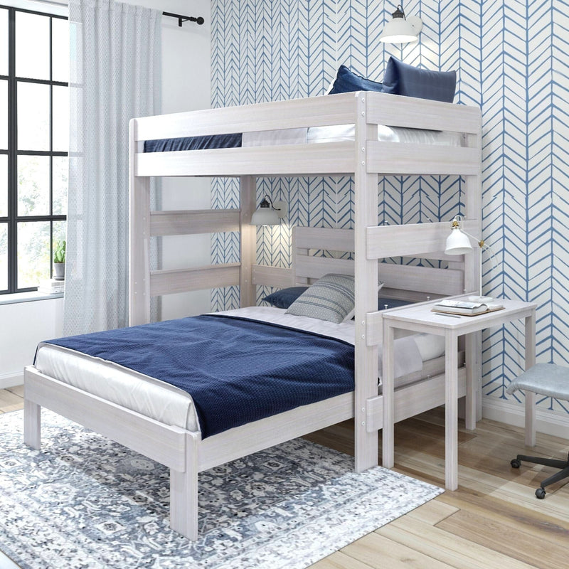 Rustic Twin/Full L-Shaped Bunk Bed + Desk Bunk Beds Plank+Beam White Wash 