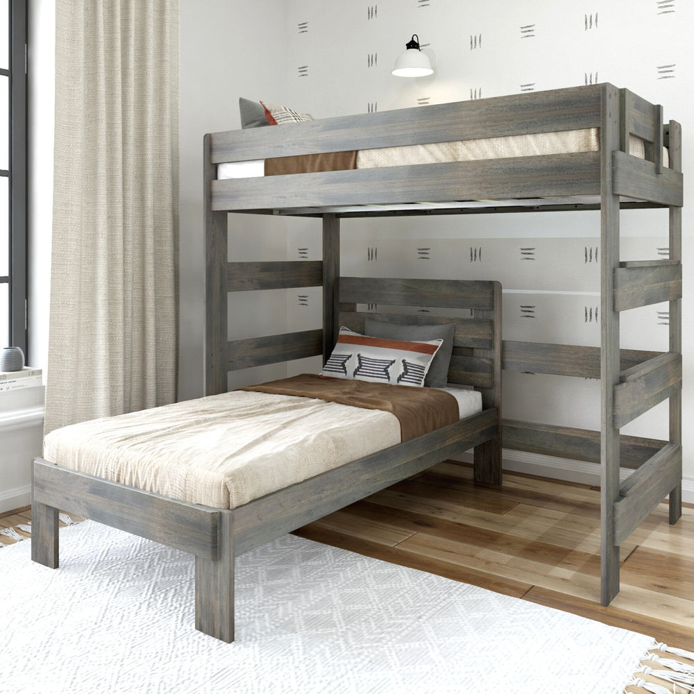 Grey wooden bunk bed in a modern bedroom with natural light and wooden flooring.
