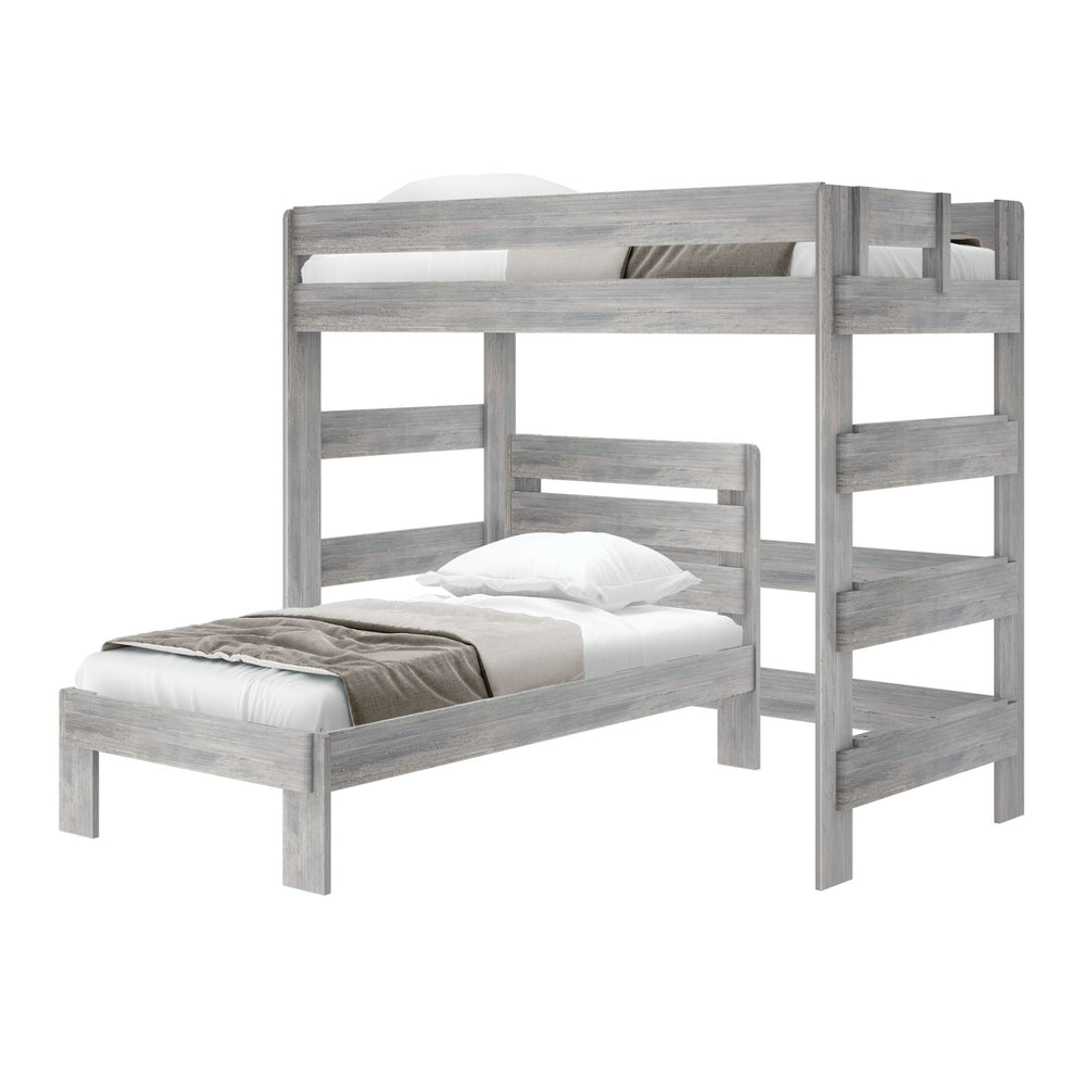 Gray wooden bunk bed set with modern design and twin-size mattresses.