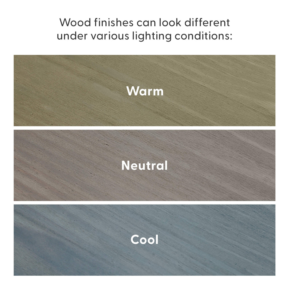 Wood finishes under different lighting conditions: warm, neutral, and cool tones.