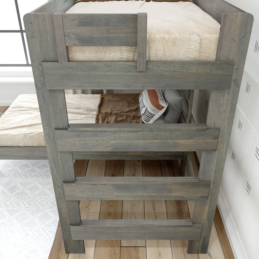 Wooden bunk bed ladder with cozy bedding in a modern bedroom setting.