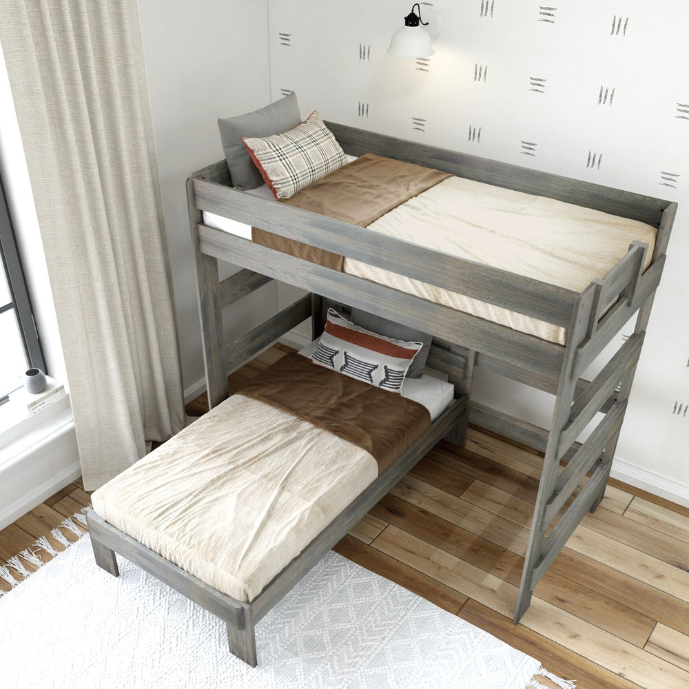 Modern wooden bunk bed with pull-out trundle in stylish bedroom interior.