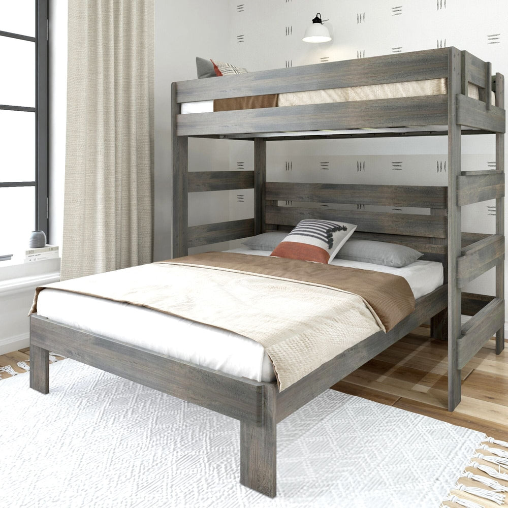 Rustic Twin Over Queen LShaped Bunk Bed Farmhouse Solid Wood Bed