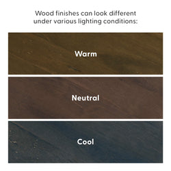 Comparison of wood finishes under different lighting conditions showing warm, neutral, and cool tones.