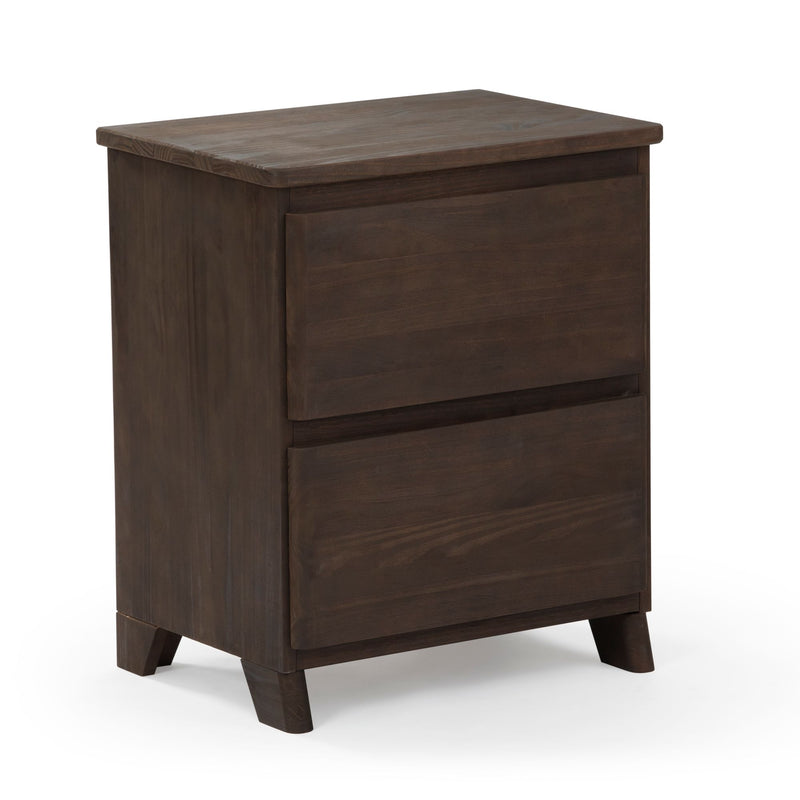 Dark wooden two-drawer nightstand on white background.