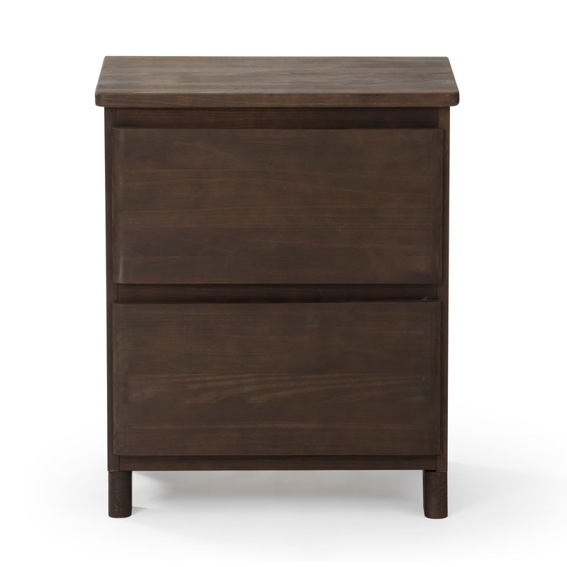Dark wood bedside table with two drawers, perfect for modern bedroom decor.