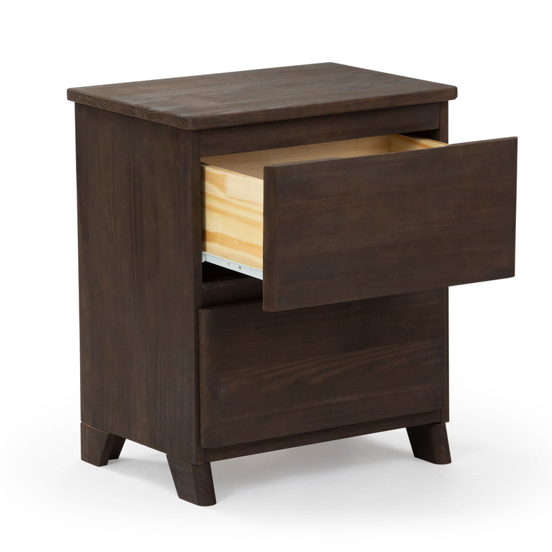 Dark brown wooden nightstand with two open drawers displaying minimalist design and sturdy legs.