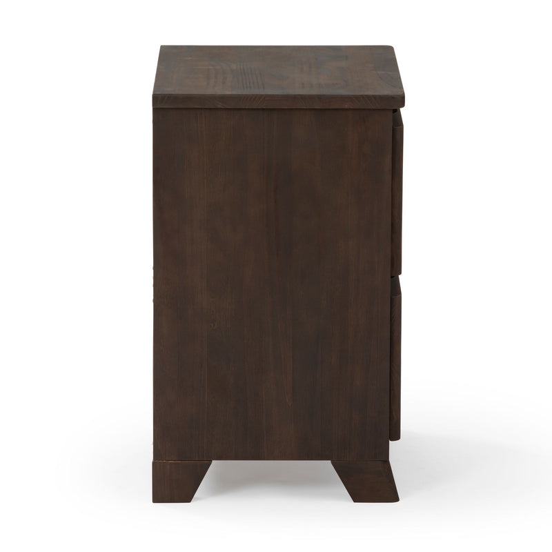 Side view of a dark wooden cabinet with a sleek modern design.