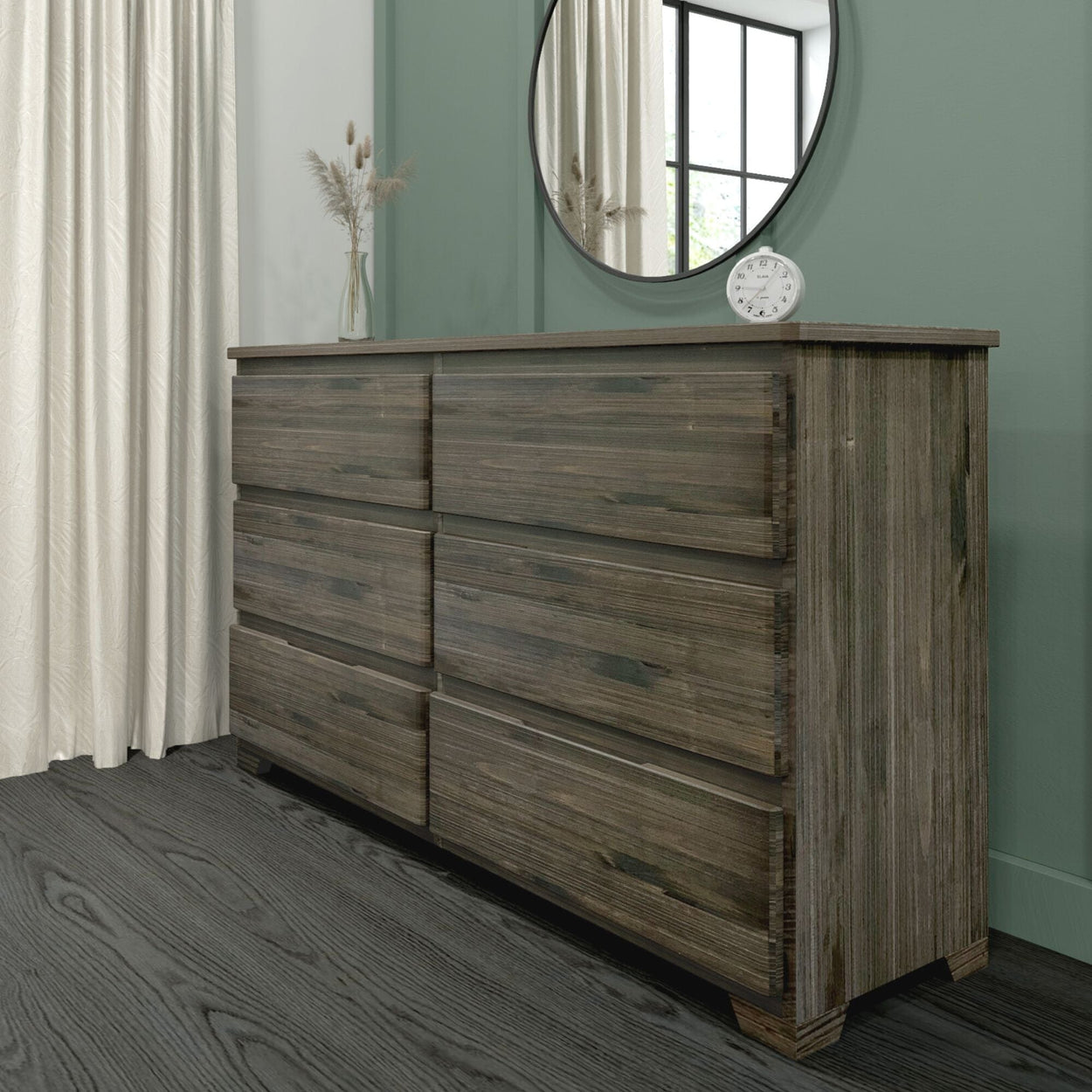 Rustic 6-Drawer Wide Dresser Furniture Plank+Beam Barnwood Brown 