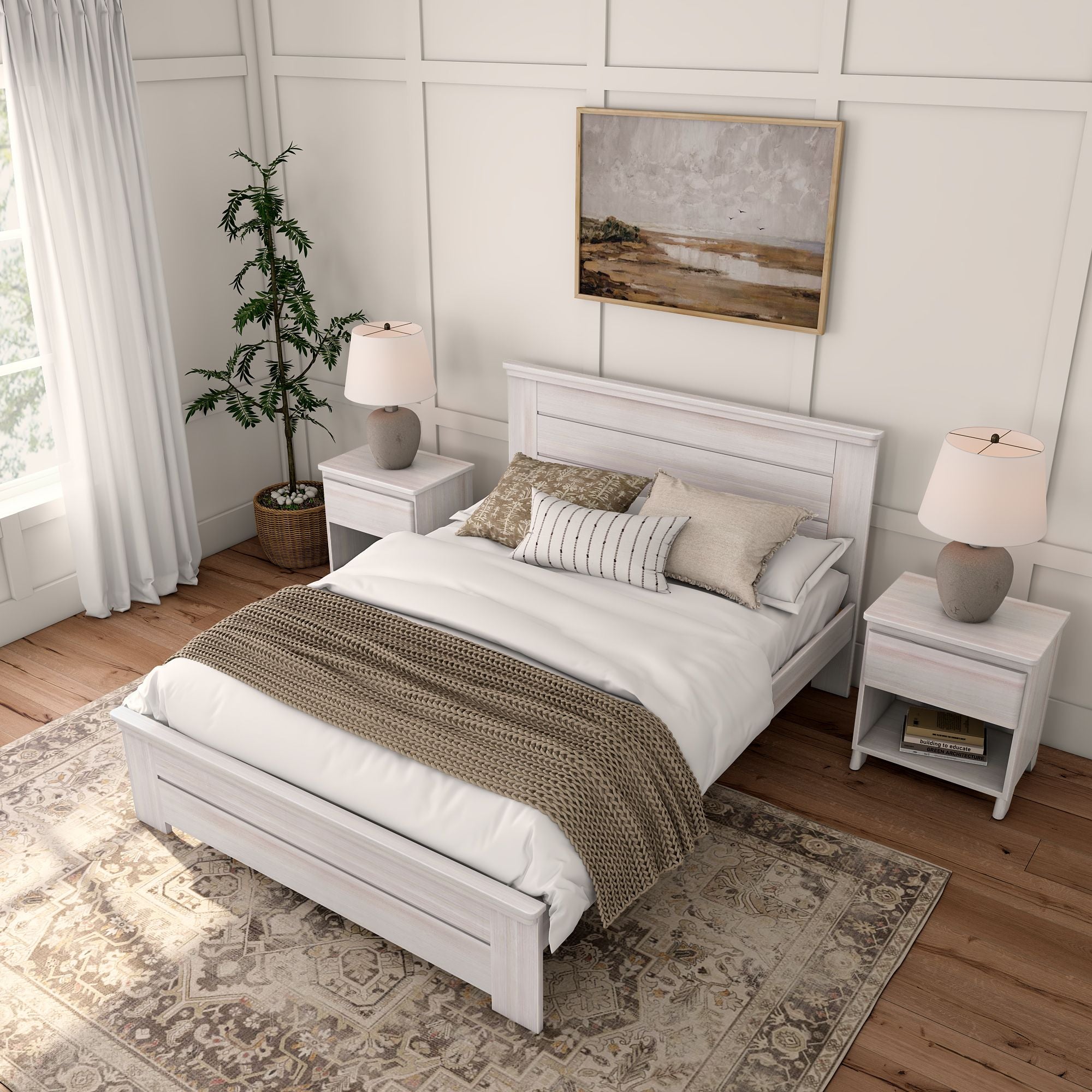 Rustic Queen Size Bed Frame with Headboard Plank Beam