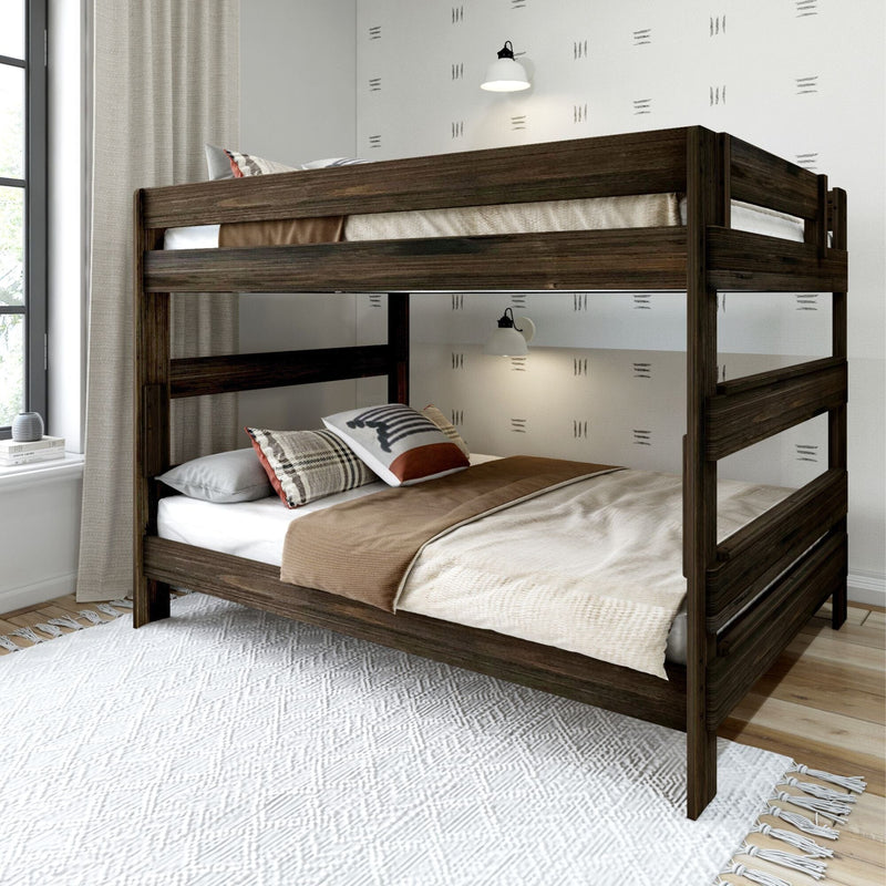 Rustic Queen Over Queen Bunk Bed White Wash Textured Farmhouse Solid Wood Bed Frames, Guardrail, 400 lb. Weight Capacity