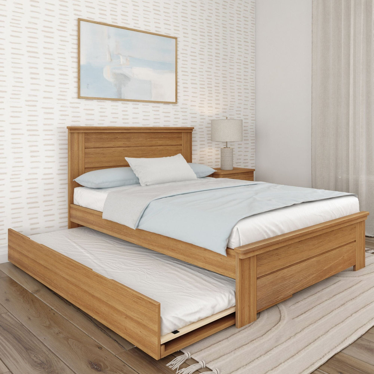 Rustic Full Bed with Solid Headboard + Trundle Single Beds Plank+Beam Rustic Pecan 