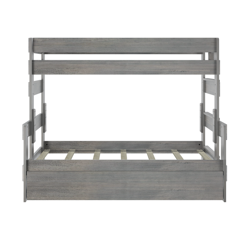Gray wooden bunk bed frame with slatted mattress platforms, safety rails and under-bed storage drawer in a modern rustic finish