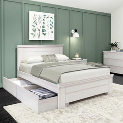 Rustic Full Bed with Solid Headboard + Underbed Storage Single Beds Plank+Beam White Wash 
