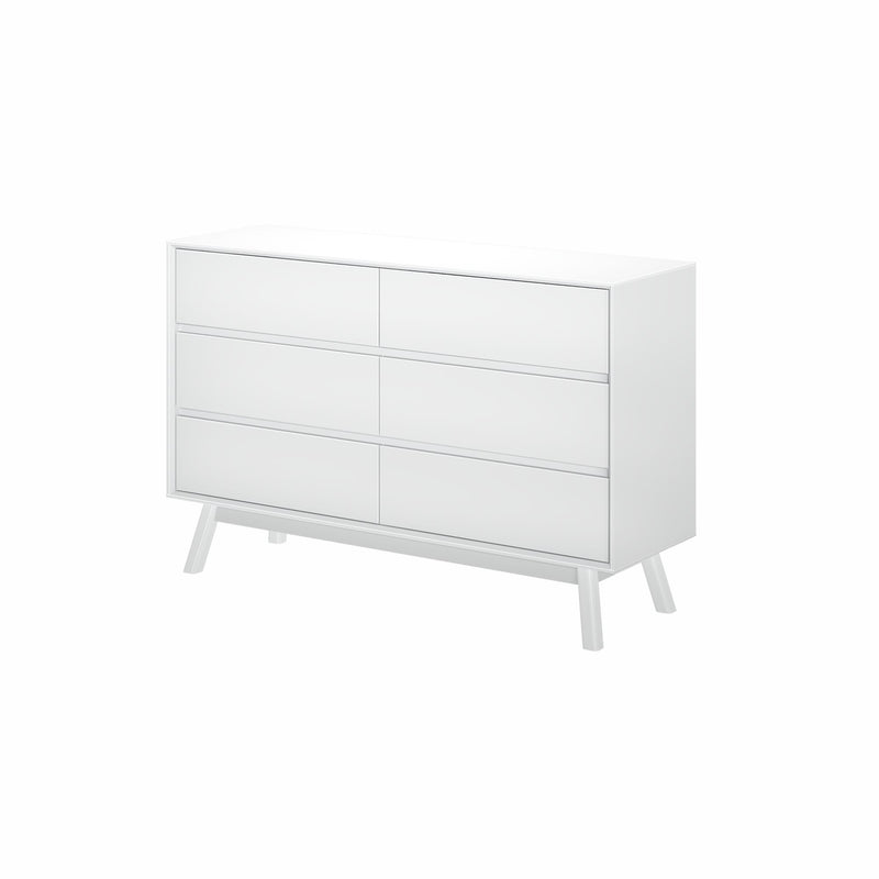 White modern six-drawer dresser with angled legs for bedroom storage.