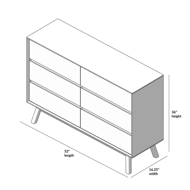 Mid-century modern dresser with six drawers, measuring 52 inches in length, 16.25 inches in width, and 36 inches in height, featuring wooden legs.