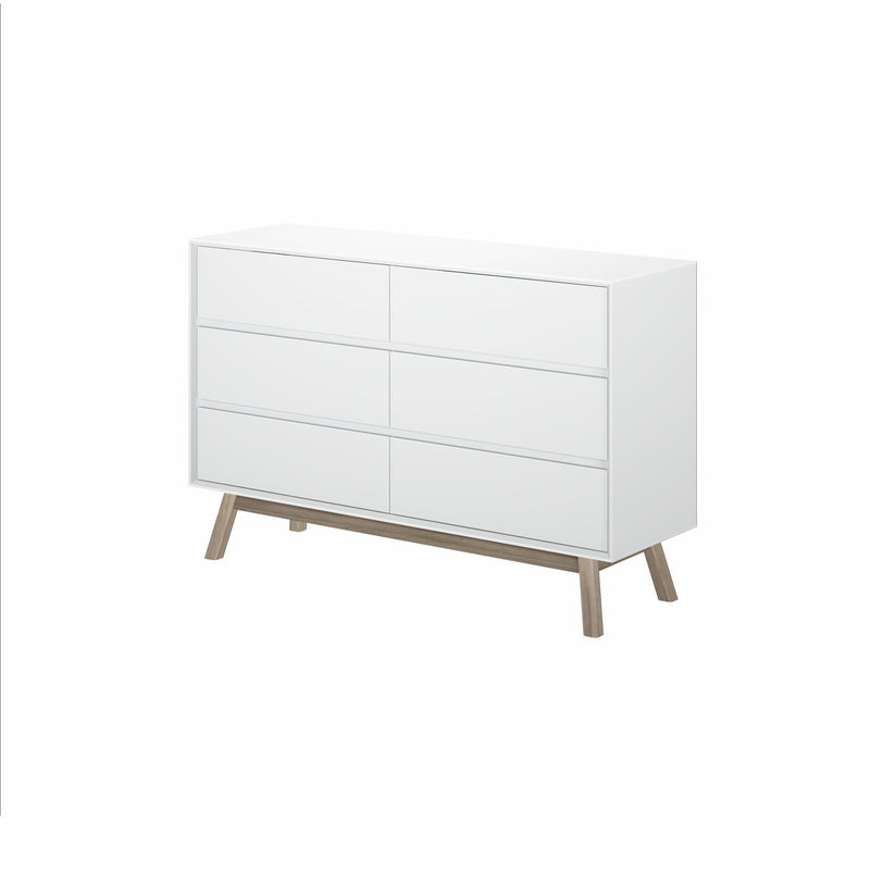 White modern six-drawer dresser with wooden legs for bedroom storage.