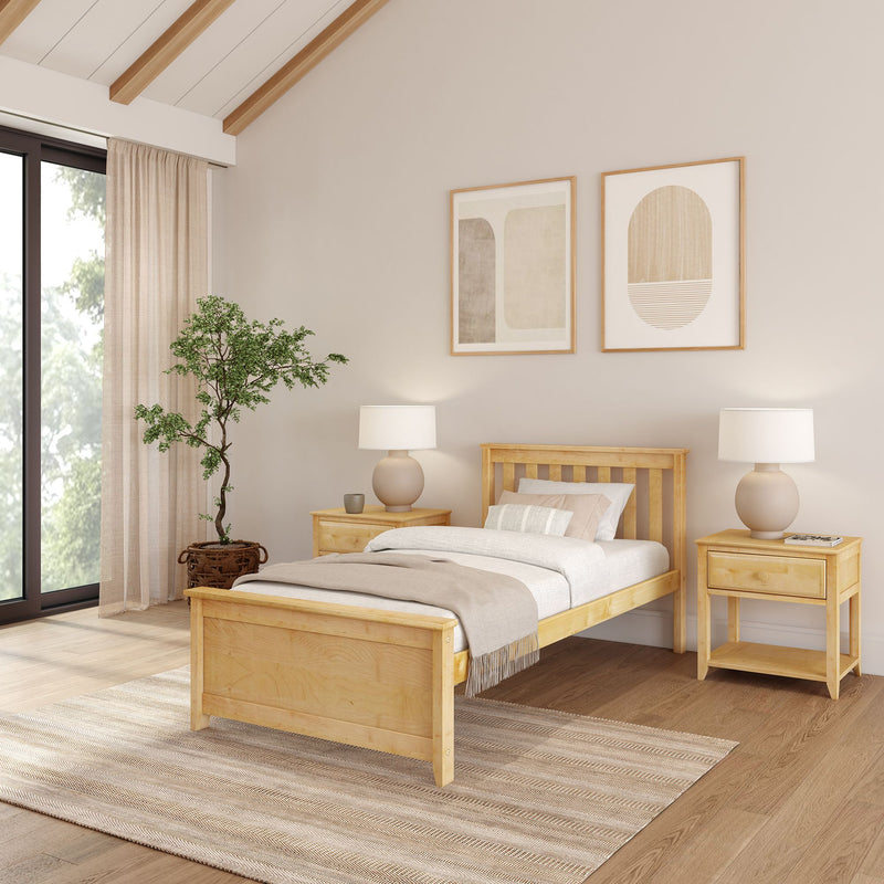 Cozy minimalist bedroom with wooden bed frame, stylish decor, and natural light.