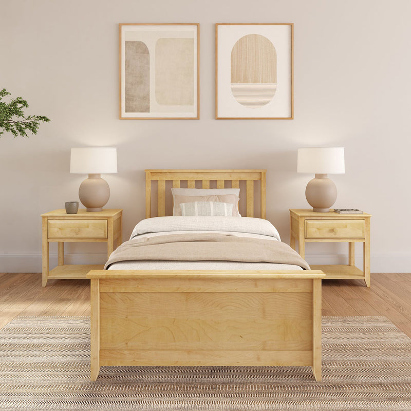 Minimalist bedroom design featuring wooden bed frame, bedside tables, and modern lamps, with abstract wall art decor.