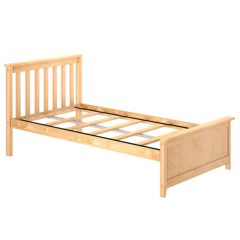 Single wooden bed frame with slatted base in light pine finish.