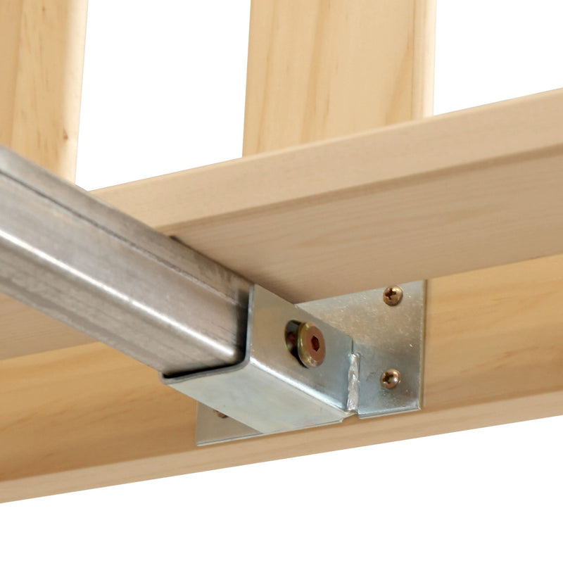 Metal bracket support attached to a wooden bed frame for stability and durability.