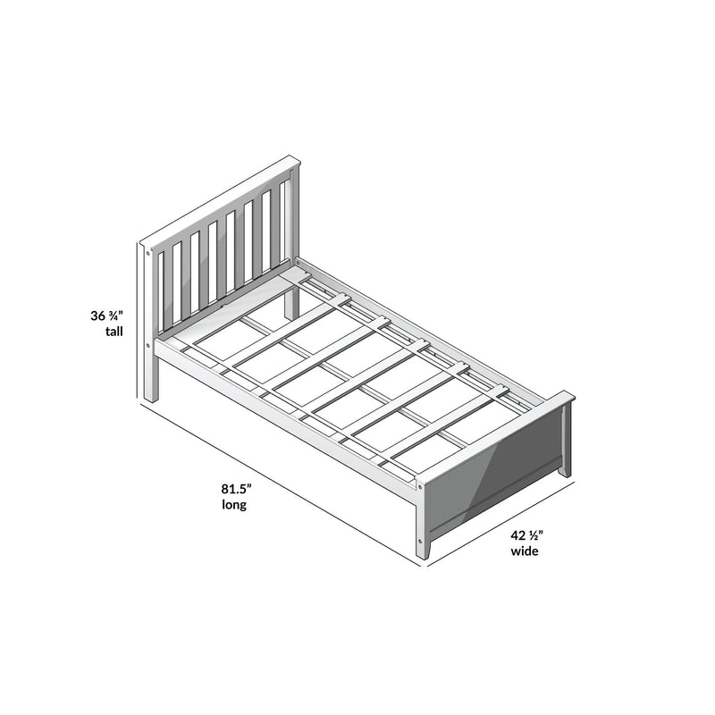 Detailed diagram of a wooden twin bed frame with dimensions: 36 ¾ inches tall, 81.5 inches long, 42 ½ inches wide, ideal for optimizing bedroom space.
