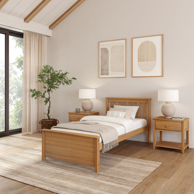 Cozy minimalist bedroom with wooden bed, matching nightstands, indoor plant, and neutral decor.