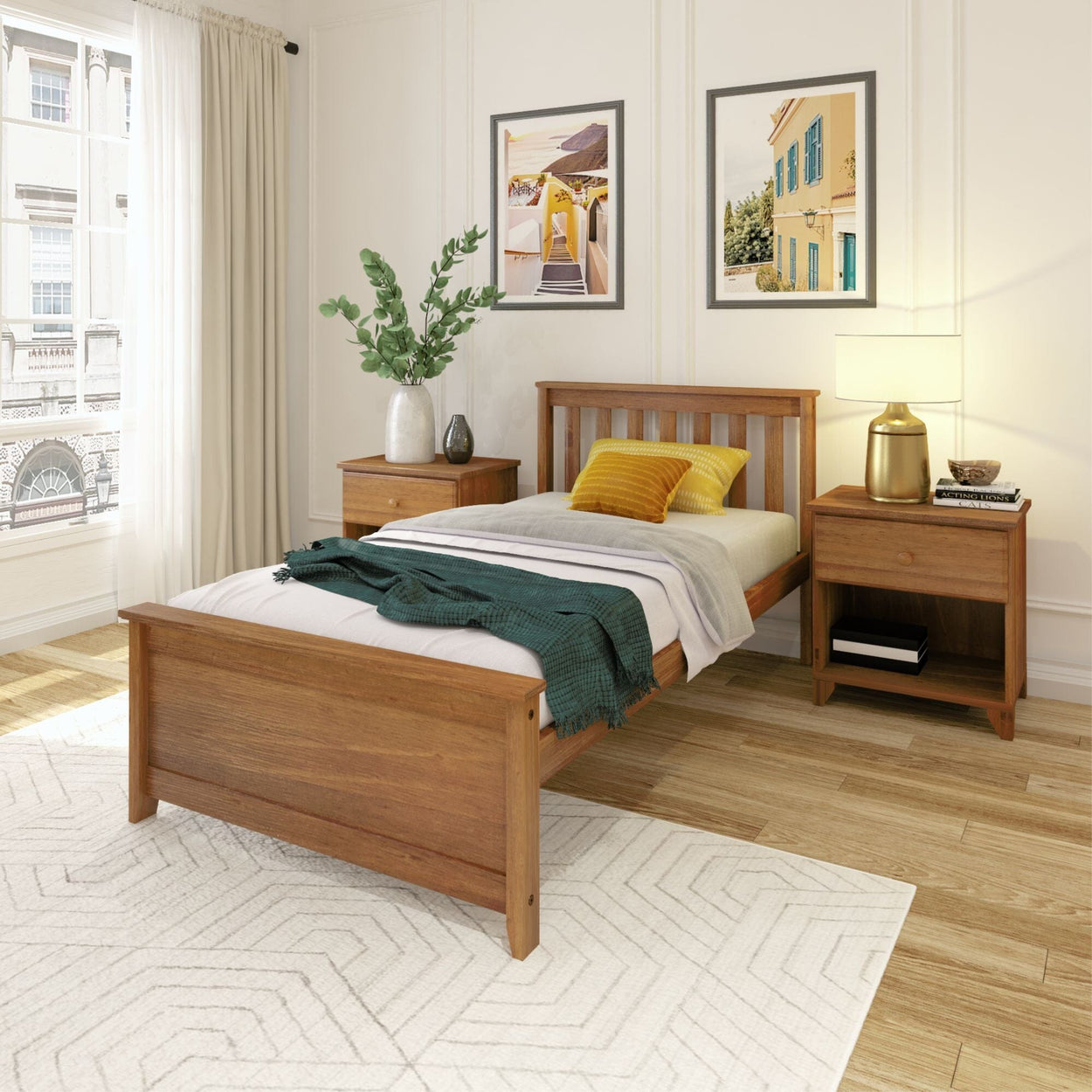 Classic Solid Wood Slatted Twin Bed Single Beds Plank+Beam Pecan 