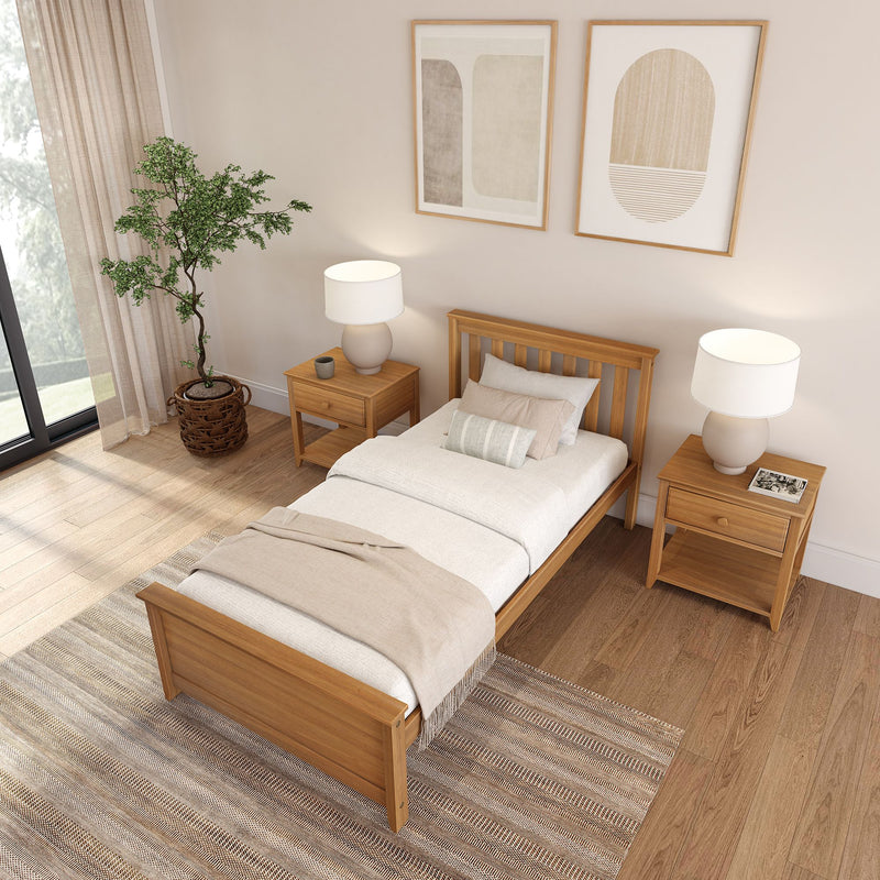 Small modern minimalist bedroom with wooden furniture, single bed, bedside tables, and decorative artwork.