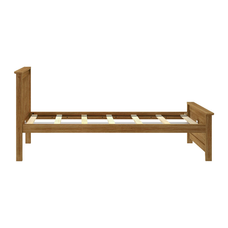Wooden twin bed frame with slatted base and headboard, ideal for bedroom decor.