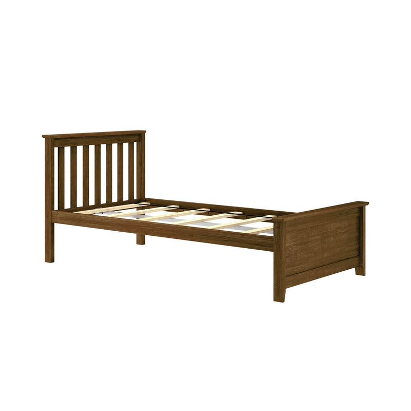 Brown wooden twin bed frame with vertical slatted headboard and footboard, platform slats for mattress, rustic farmhouse style