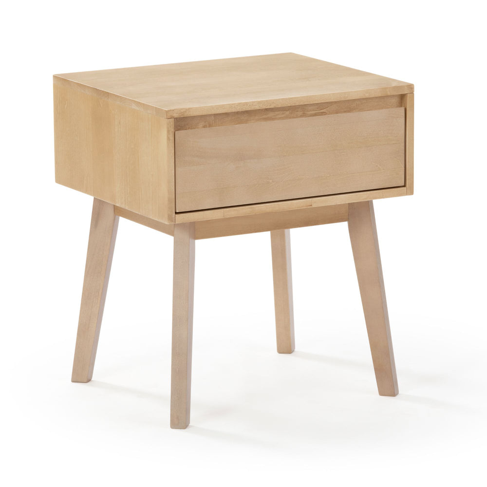 Modern wooden bedside table with drawer and sleek design.