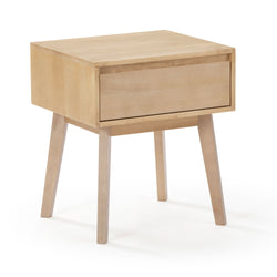 Modern wooden bedside table with drawer and sleek design.