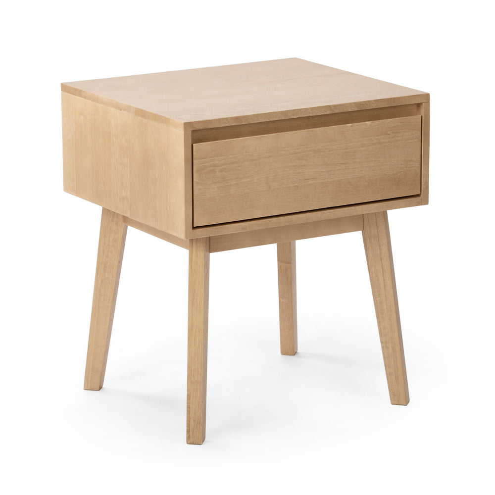 Mid-century modern wooden nightstand with a single drawer and angled legs.