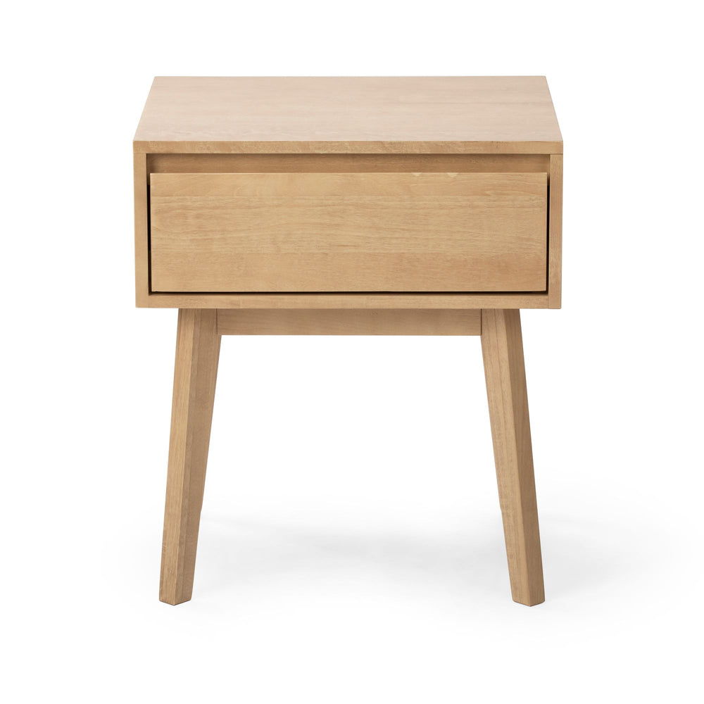 Mid-century modern wooden nightstand with single drawer and minimalist design.