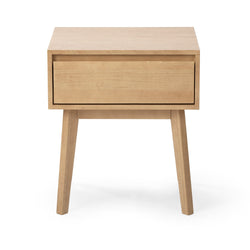 Mid-century modern wooden nightstand with single drawer and minimalist design.